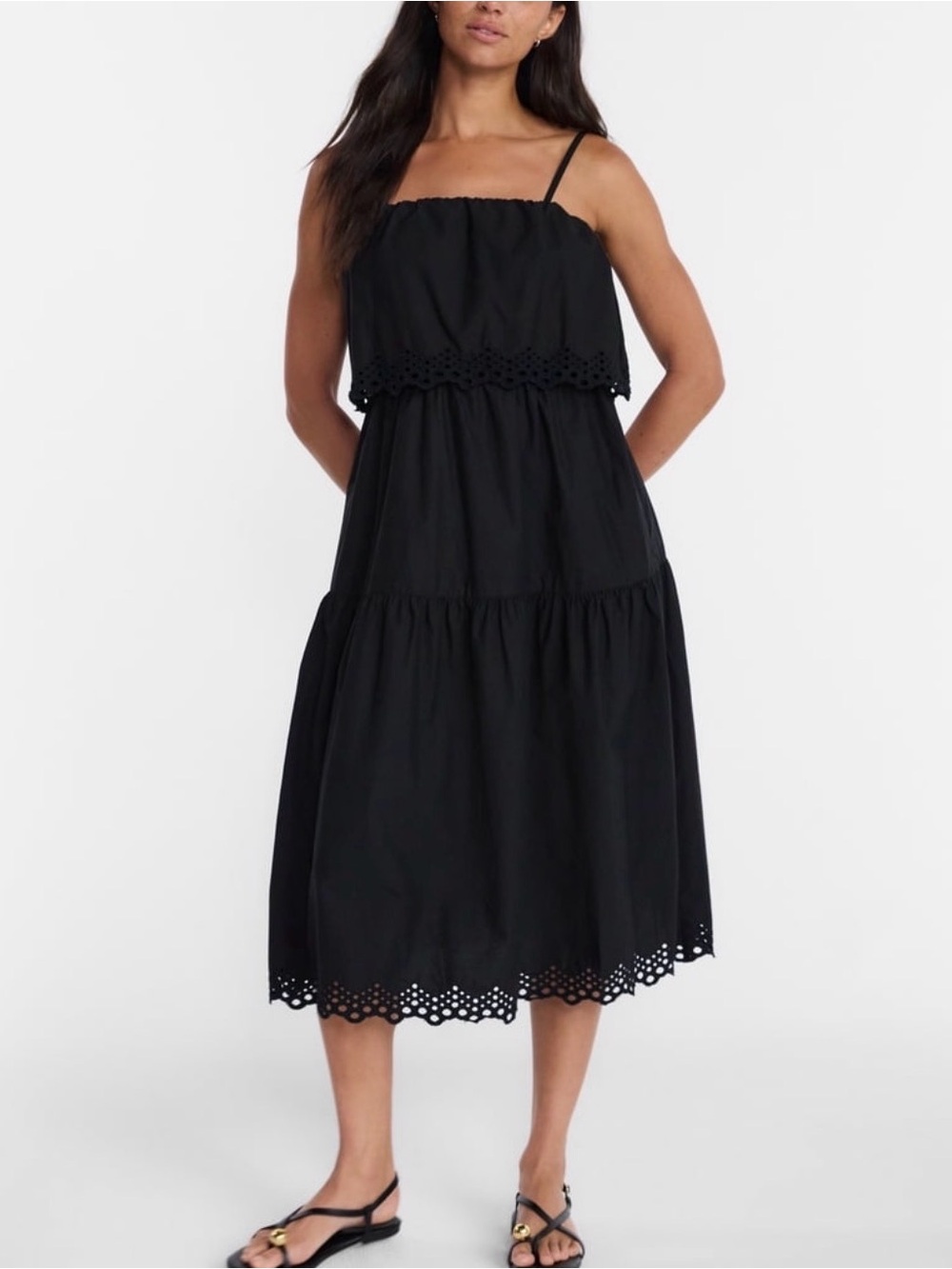 Time and Tru Black Solid Spaghetti Strap Eyelet Midi Dress